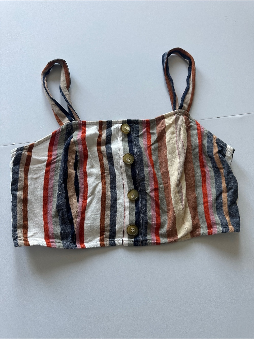 Y—Striped Button-Front Crop Top with Spaghetti Straps - Multicolor